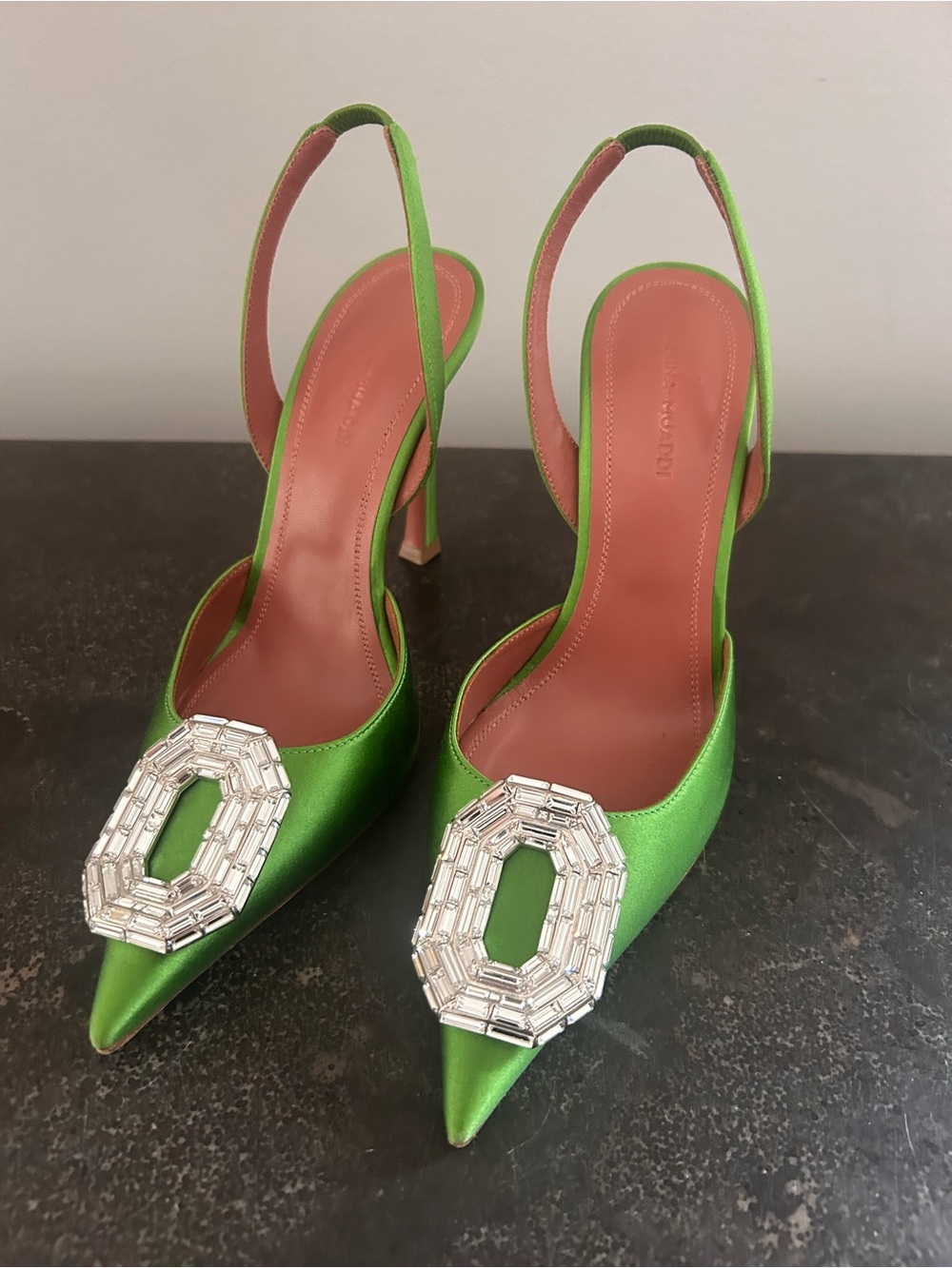 Amina Muaddi Lime Green Satin Pointed Slingback Heels with Crystal Buckles